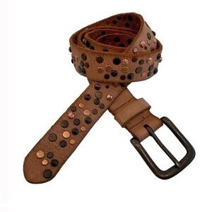 COWBOYSBELT Studded Leather Belt Tan Rivets Western Biker Boho Chic 90 Medium